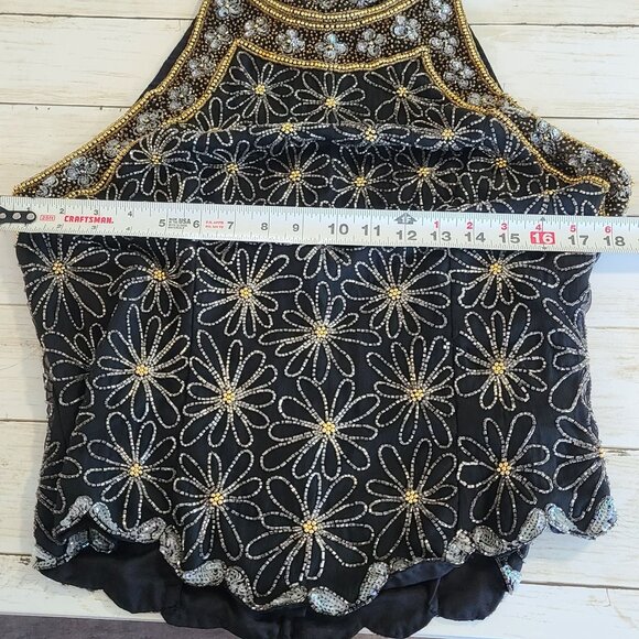 Vintage Mark & John By Gopal Silk Black Beaded Halter Top Blouse Elegant Party L - Picture 7 of 13